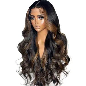 Jessie's Wig [Lea] Brown Highlights Glueless 13x5 Pre Cut Pre plucked HD Lace Frontal Wavy Wig Black Roots Human Hair