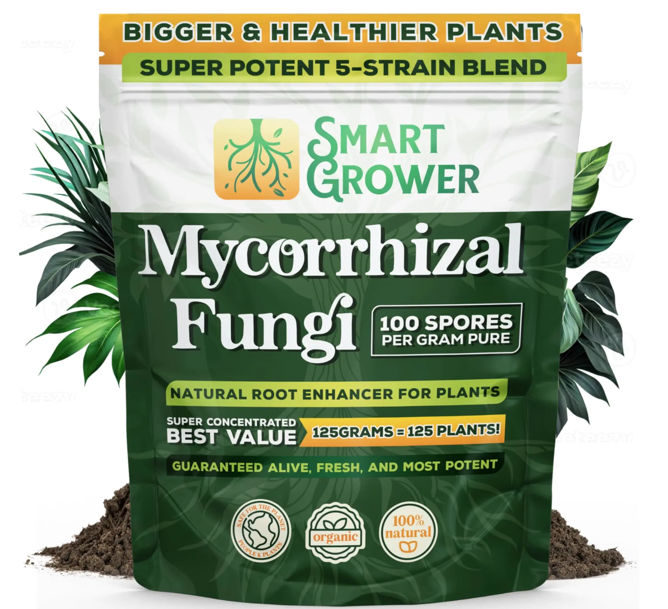 Smart Grower Mycorrhizal Fungi Natural Root Enhancer Super Potent 5 Strain Blend 125 Grams = 125 Plants Planting Soil Additive Soil Builder Soil Conditioner Growth Activator