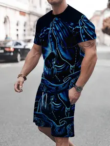 Men's 2-Piece Street Style 3D Print Short Sleeve T-Shirt and Shorts Set, Streetwear Casual Fitted Fit for Outdoor Travel & Home, Fitness & Holiday Gift
