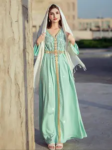 Mint Embroidered Kaftan Robe, Gold Trim Dress with Beads and Chain Belt, Perfect for Ramadan Festival, Muslim Women Gowns