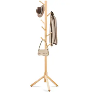 Wooden Coat Rack Stand with 8 Hooks New Zealand Pine 3 Adjustable Coat Standing Tree Easy Assembly for Coats, Hats, Scarves and Handbags for Entryway, Hallway, Bedroom, Office