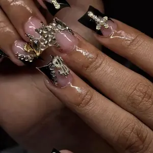 24pcs French Press-On Nails, DIY Nails Art, Nude Base, Full Rhinestones, Dollar Cross Butterfly Design, Reusable, Multiple Sizes, Includes Glue & File
