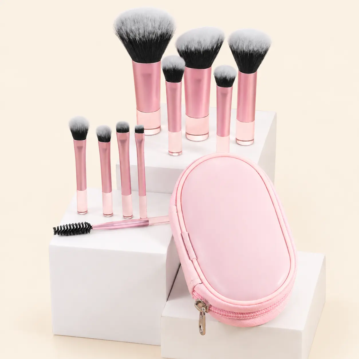 Elegant Makeup Brush Set with Pink Case - 10-Piece Collection for Professional Application & Travel Convenience