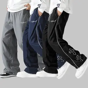 Men's Baggy Sweatpants, Streetwear Cross Print Elastic Waist Drawstring Wide Leg Joggers, Lightweight Breathable Loose Fit Track Pants with Stripe Detail, Plus Size Daily Wear Trousers