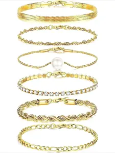 6Pcs Chain Bracelets Set for Women Adjustable Fashion 18K Gold Plated Dainty Stainless Steel Twist Figaro Herringbone Chain Cubic Zirconia Link Bracelet Jewelry