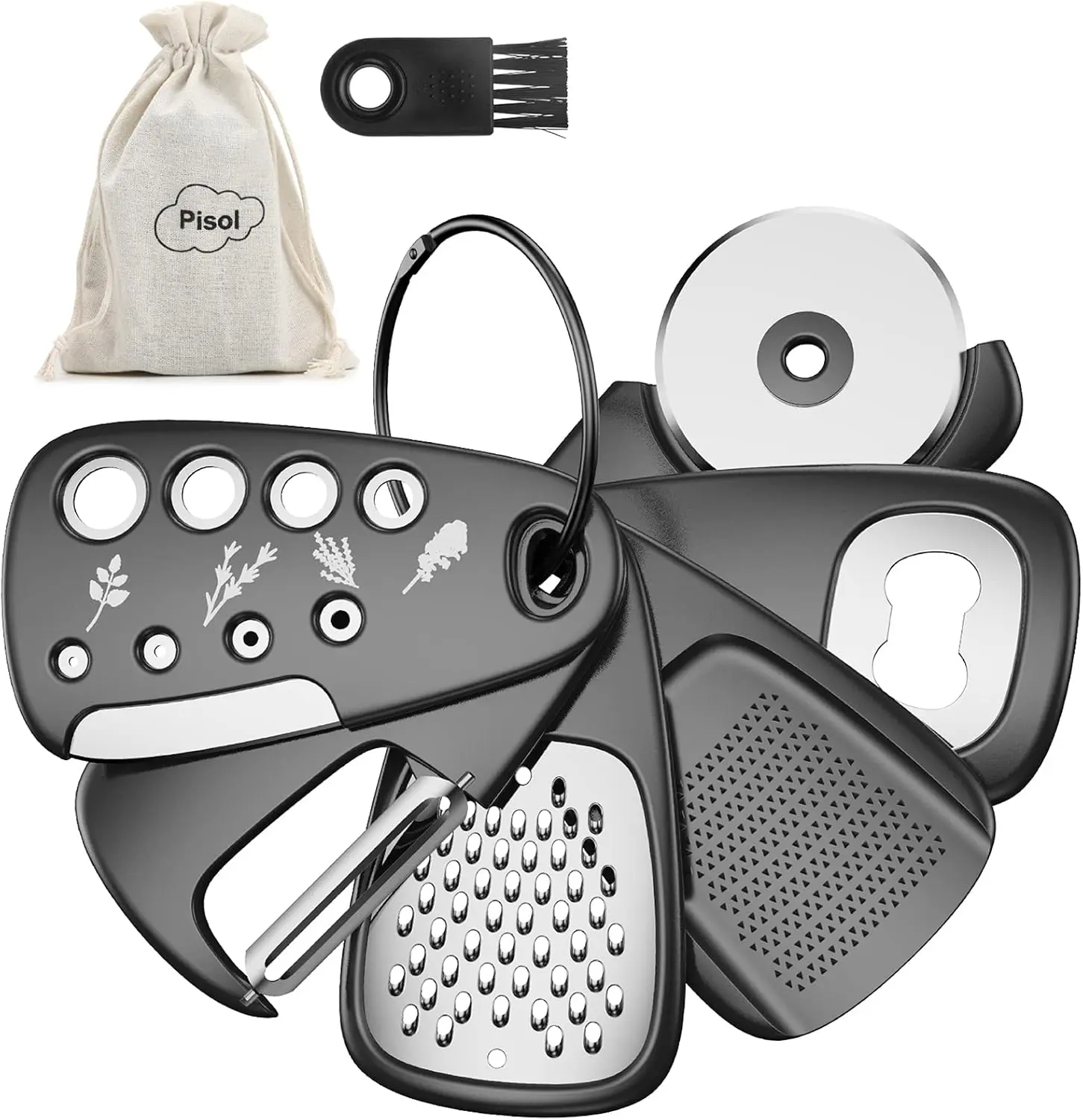 6-Piece Stainless Steel Stackable Kitchen Utensil Gadgets Set - Space-Saving Cheese Grater, Bottle Opener, Fruit Vegetable Peeler, Pizza Cutter, Garlic Ginger Grinder, Herb Stripper Gift Set, Smooth