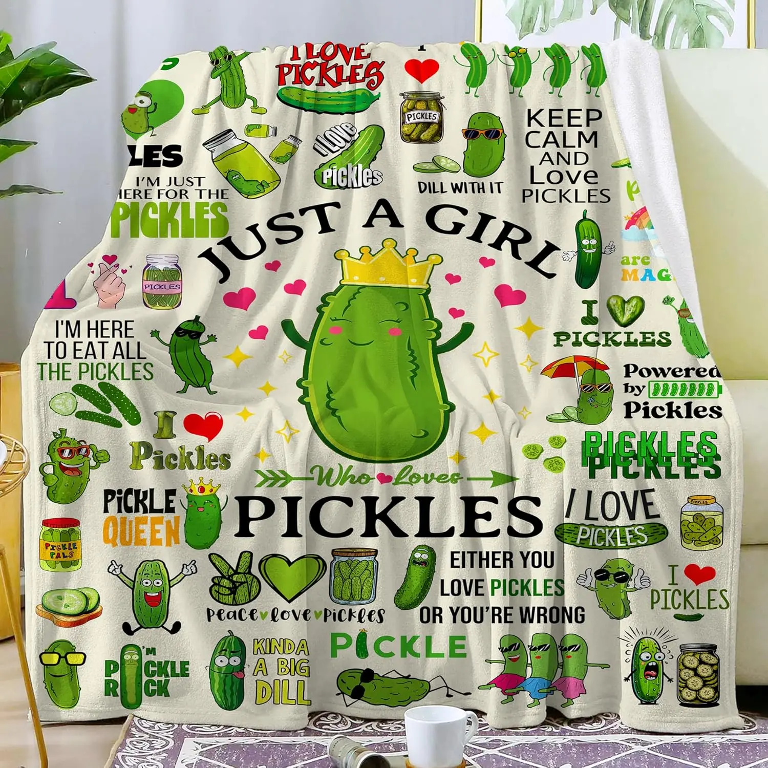 Flannel Throw Blanket - Pickle Merch Soft Cozy Flannel Texture Blanket for Women, Funny Room Decor Bedding Gift, Multi-Size Option Available (60"x50")