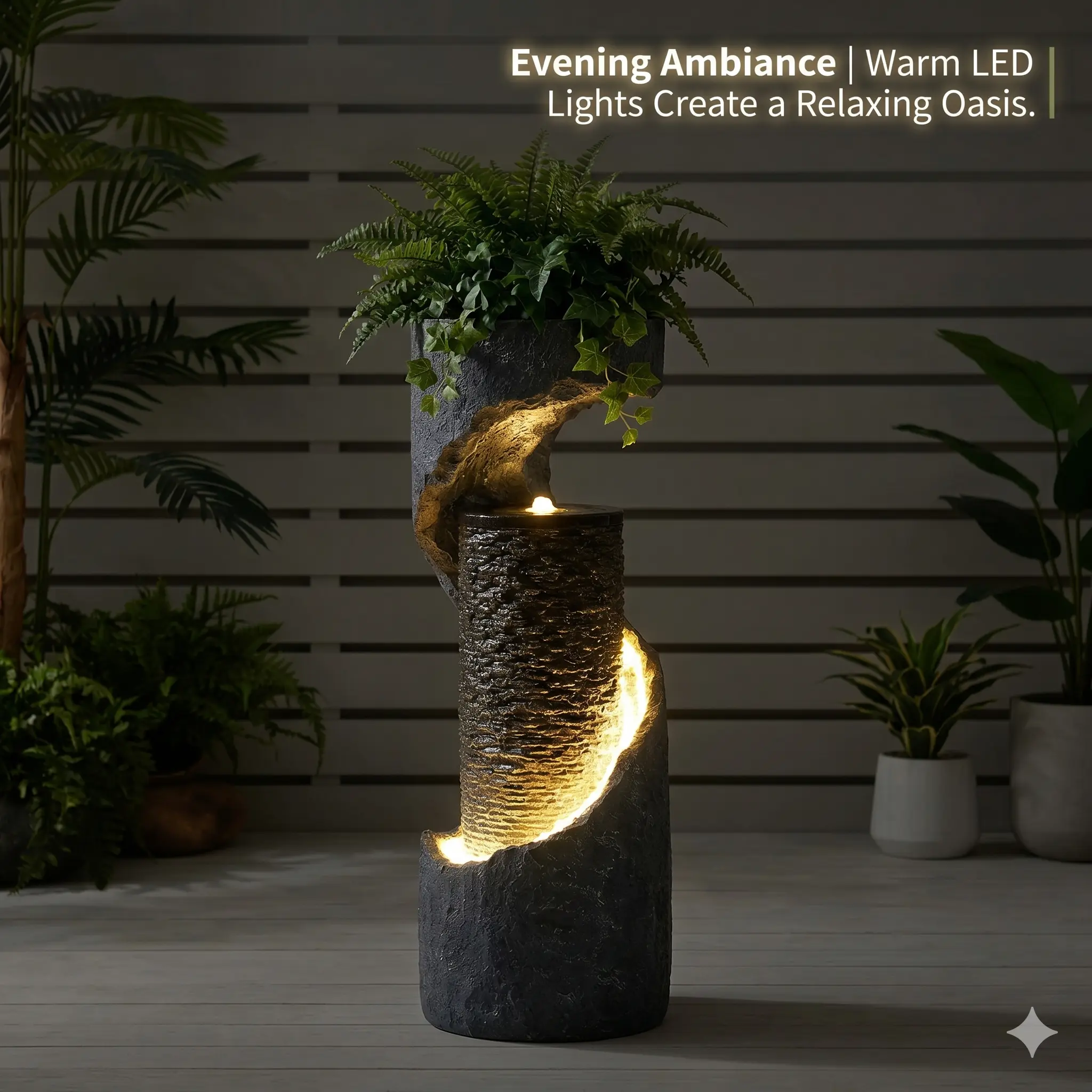 Tankana Modern Spiral Water Fountain - 13"L x 13"W x 35.5"H Corded Decor with Planter Top, LED Lights, Bubbling Design for Patio, Living Room Corner, All Seasons Indoor/Outdoor Relaxing Oasis, Outdoor Fountains And Waterfalls, Garden Fountains Outdoor
