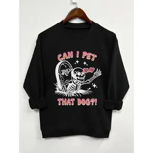 Women’s Halloween Skeleton & Letter Print Drop Shoulder Sweatshirt, Casual Long Sleeve Crewneck Pullover for Everyday Wear, Ladies Spring & Fall Clothing