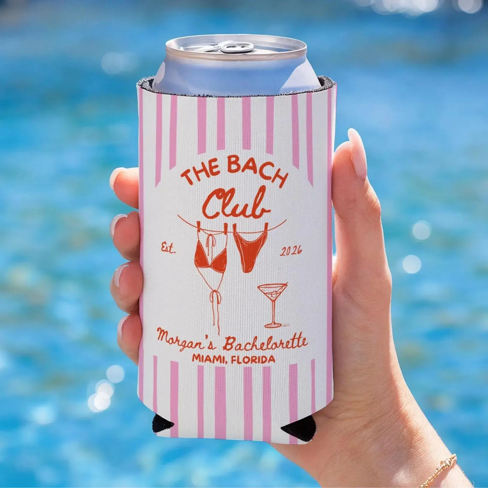 The Bach Club Can Coolers, Personalized Bachelorette Party Favors, Custom Beach Club Koozies, Destination Bach Weekend Gifts, Bride Tribe Cozies