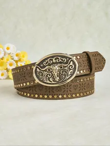 Women's Vintage Bull Buckle Decor Western Belt, Fashionable Heart Print Belt for Jeans, Casual Waistband for Daily Use, Fashion Belt for Party, Daily Clothing Decor
