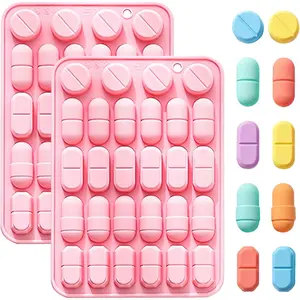 2 Pcs Silicone Pill Trays, 28-Cavity Capsule Shape Candy Molds, for Chocolate and Ice Cubes