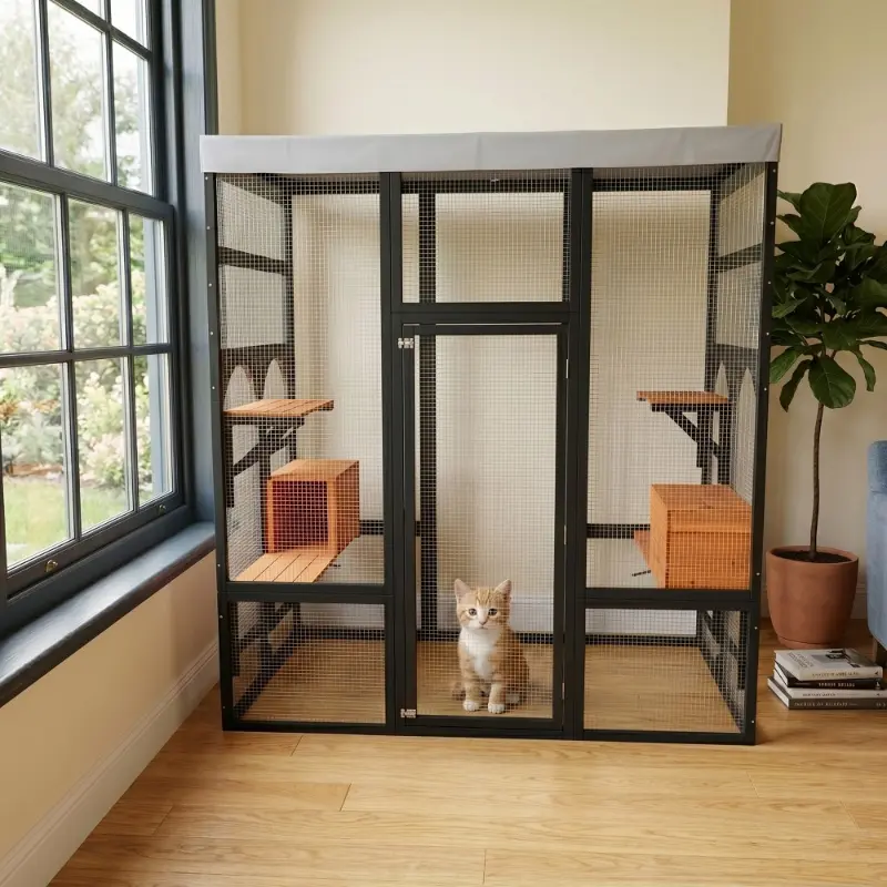 Outdoor-Indoor Catio Enclosure for Cats - Metal Mesh, Metal Frame, 5 Platforms, 2 Napping Houses, Waterproof, Secure Construction, Easy Assembly, Climbing Play Space, All-Season Use
