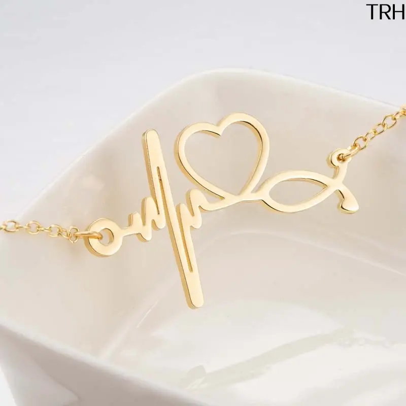 Women's Stainless Steel ECG Line Bracelet - Minimalist Adjustable Chain Jewelry Bracelets & Bangles with Romantic Heart Shape Charm for Valentine’s