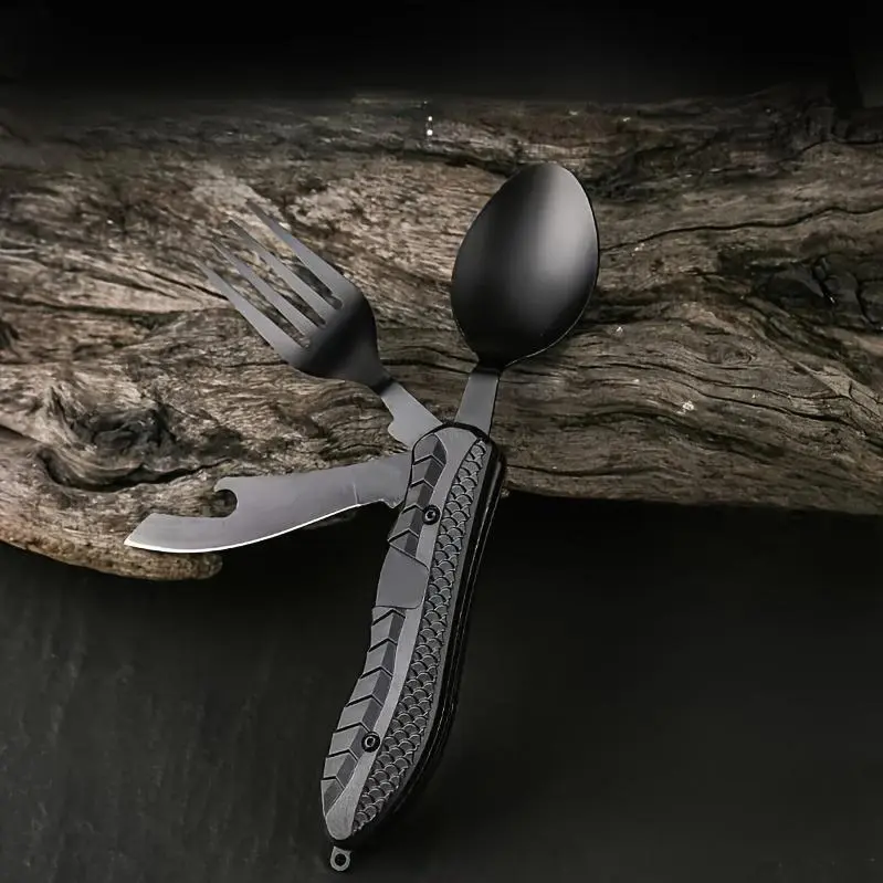 4In1 Stainless Steel Camping Utensils - Fork, Spoon, Knife And Bottle Opener - Portable Folding Pocket Set, Suitable for Hiking, Survival And Travel
