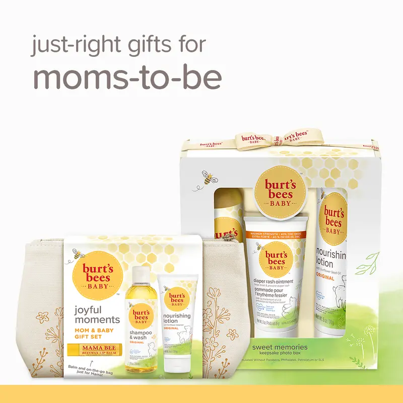 Burt's Bees Joyful Moments Baby & Mom Gift Set | Baby Shampoo & Wash, Nourishing Lotion & Mama Bee Lip Balm | New Mom & Baby Skincare Gift Set