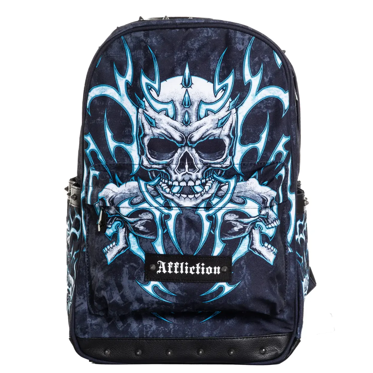 Affliction Ice Inferno Black Streetwear Casual Backpack - Sublimated Art Print, Cone Studs, Custom Metal Zip Pulls, Adjustable Shoulder Strap, Ice Inferno Look