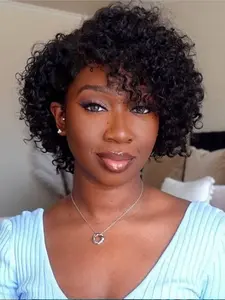 Short Curly Bob Wig Human Hair Textured Pixe Curly 4*4 Glueless Lace Frontal Wig for Women,Side Parted Water Wave Wig For Women,Pre-Plucked With Baby Hair, Easy to Style, Kinky Curly Wigs