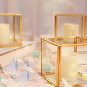 3-Pack Glass Tealight Votive Candle Holders 3" Square Cube Design Clear with Gold Metal Frame - Stackable