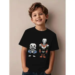 Boys' Cotton Graphic T-Shirt - Undertale Sans & Papyrus Character-Themed, Loose-Fitting, Short-Sleeve, Round Neck, Breathable Lightweight Summer Casual Top (3Y-13Y) | Cute, Kid-Friendly Graphic Boys' T-Shirts, Cute Boys' T-Shirts