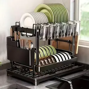 Large 2-Tier Heavy-Duty Bowl Rack, Stainless Steel Drain Board, Adjustable Kitchen Multi-Layer Storage, Dish Drainer, Utensil Holder, Countertop Dish Rack