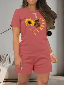 Women's Summer Casual Short Sleeve Top & Shorts Set, Heart Floral Butterfly Print Round Neck, Fitted Thin Fabric Clothing
