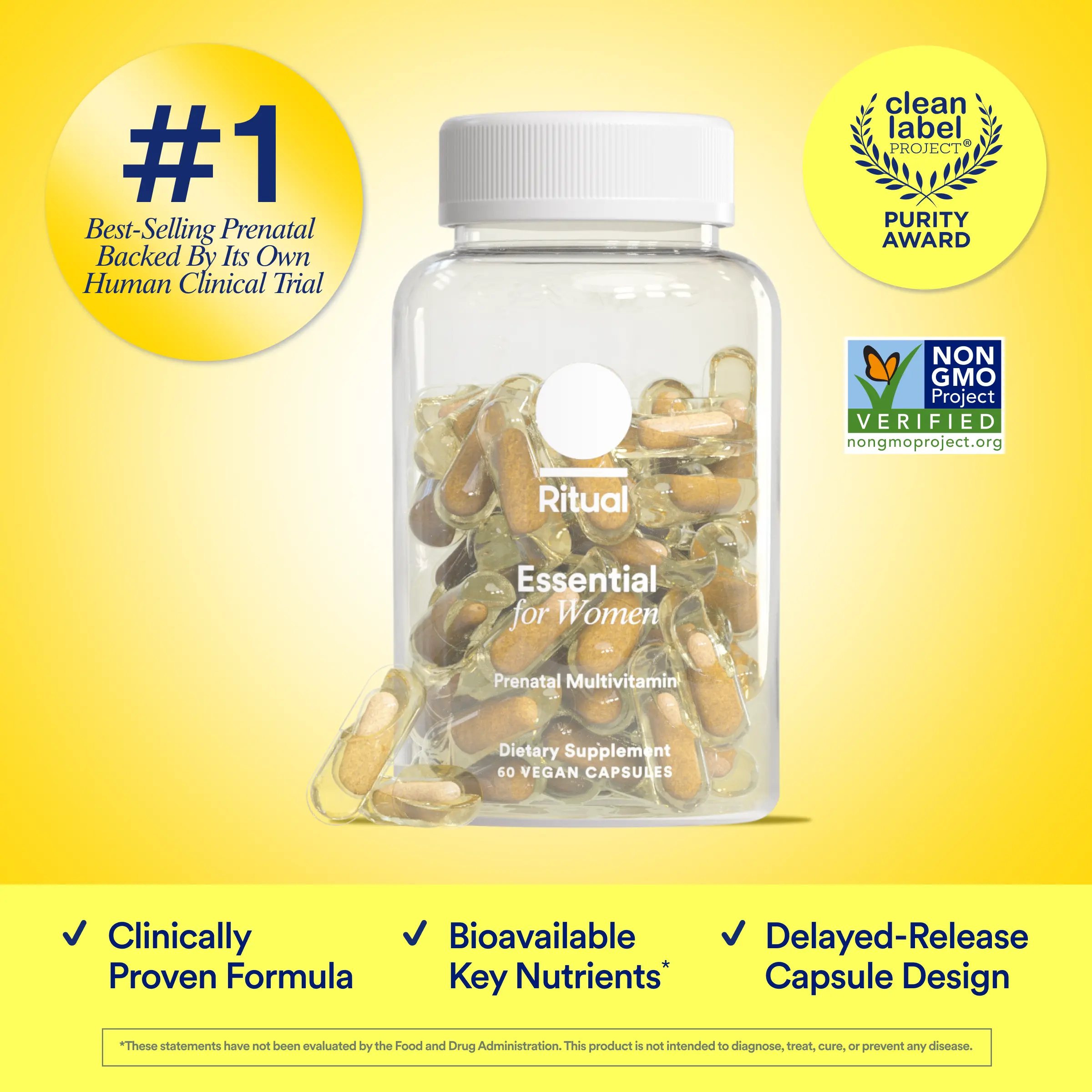 Ritual Prenatal Multivitamin for Women - Key Essential Vitamins and Minerals to Support Mom and Baby During Pregnancy* - Folate, Choline, Omega-3 DHA, Iron - Vegan - 60 Capsules - 30 Servings - HSA/FSA Eligible