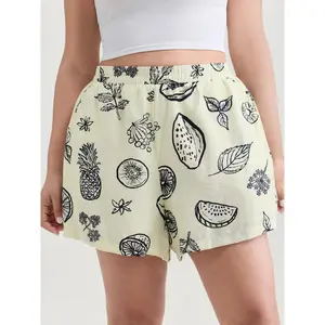BLOOMCHIC Women's Plus Size Large Fruit Print Mid-Rise Straight-Leg Shorts - Polyester-Nylon Smooth Fabric, Lady's Bottoms with Pockets & Great Fit, M-6X Garment Womenswear 2026 Summer Vibes Swimweek