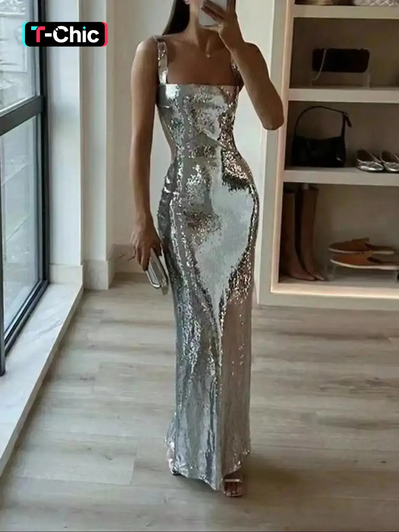 Women's Glitter Sequins Evening Dress, Elegant Sleeveless Evening Party Gown, Ladies Clothes for All Seasons, Formal Wear, Evening Event Clothing, Womenswear, Chic Elegant Fit, Chic Elegant Fitted, Evening Party Dresses