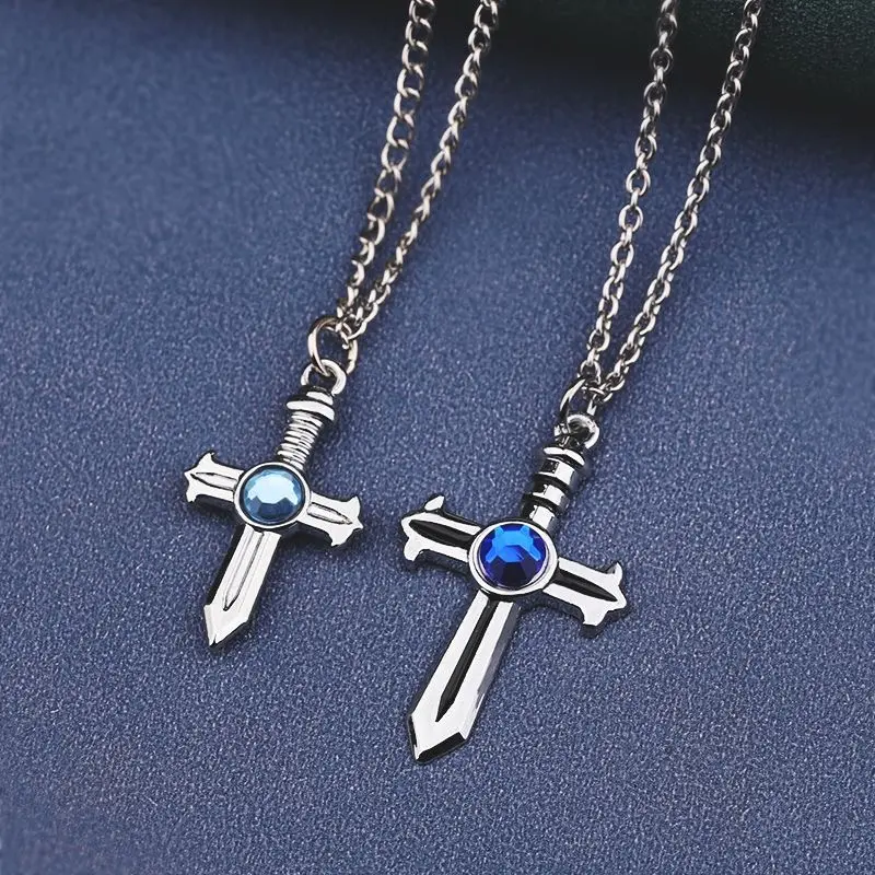 Anime Cross Necklace and Keychain with Blue Gem Anime Cosplay Jewelry Fairy Tail Anime Accessories Two-piece Set Elegant Sapphire Cross stainless steel pendant chain semi colon fashion people