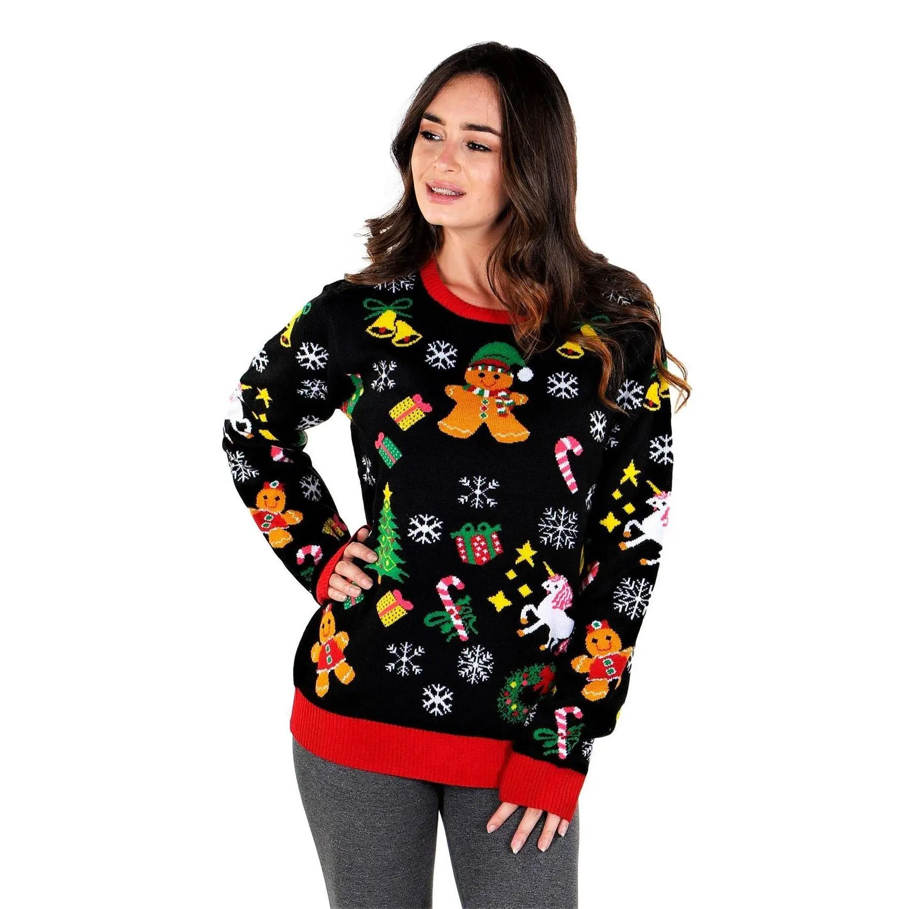 SOCAL LOOK Women's Ugly Christmas Sweater Long Sleeve Crew Neck Acrylic Holiday Pullover Festive Jacquard Knitwear with Gingerbread Men & Trees Design Soft Womenswear