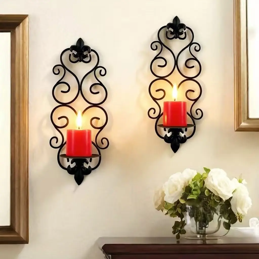 Set of 2 Scroll Wall-Mounted Iron Candle Holders, Perfect for Christmas and Other Holiday Home Decorations, Elegant Festive Accessories, Metal Candle Holders