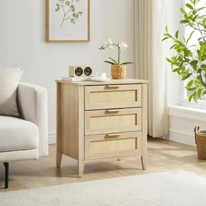 Nightstand, Ratten End Table, Ratan Nightstand Boho Cabinet with 3 Natural Rattan Drawers, Bedside Table with Storage Drawers for Bedroom, Rattan Cabinet, Living Room, Natural