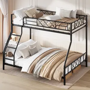 Heavy Duty Metal Bunk Bed Twin Over Full with Stairs, Ladder & Full-Length Guardrails – Space-Saving, Sturdy Slats, Ideal for Bedroom, Dorm or Apartment