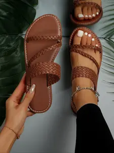 Women's Fashionable Braided Design Loop Toe Slip on Sandals, Casual Flat Sandals for Beach, Outdoor, Daily Wear, Braided Band Sandals, Trendy Sandals