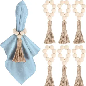 6PC Reusable Kitchen Napkin Rings - Kitchen Cooking Accessories with Handle, Log Bead & Natural Fiber Rope Tassel Design, Nordic Pastoral Style, for Hotel & Western Restaurant Pendant Ornament Use