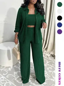 Women's Elegant Minimalist Three-Piece Set, Womenswear Vacation Style Solid Color Pleated Fabric, Lapel Pocket Front Button Casual Shirt Top Strapless Tank Straight Leg Pants Suits
