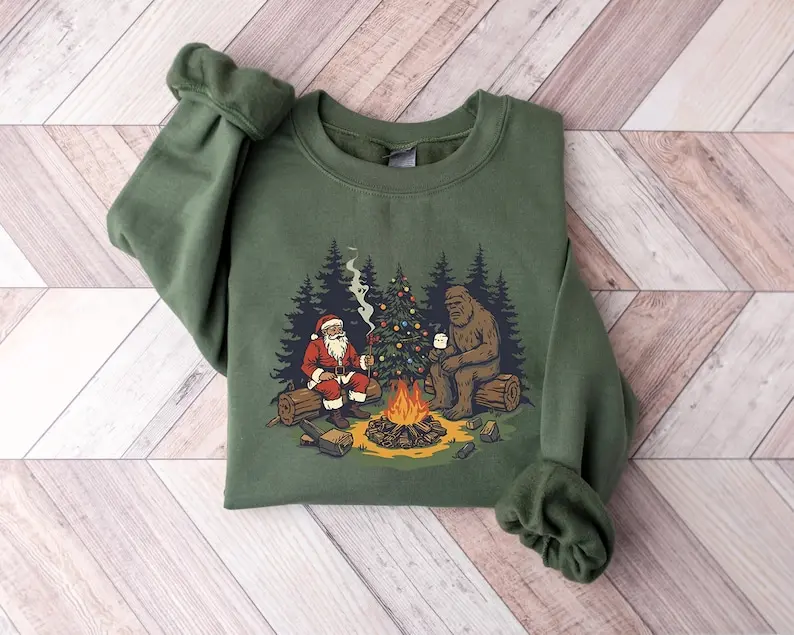 Santa Bigfoot Christmas Campfire Sweater, Funny Christmas Sweater, Ugly Christmas Sweater, Gift for Him, Christmas Camping sweatshirt