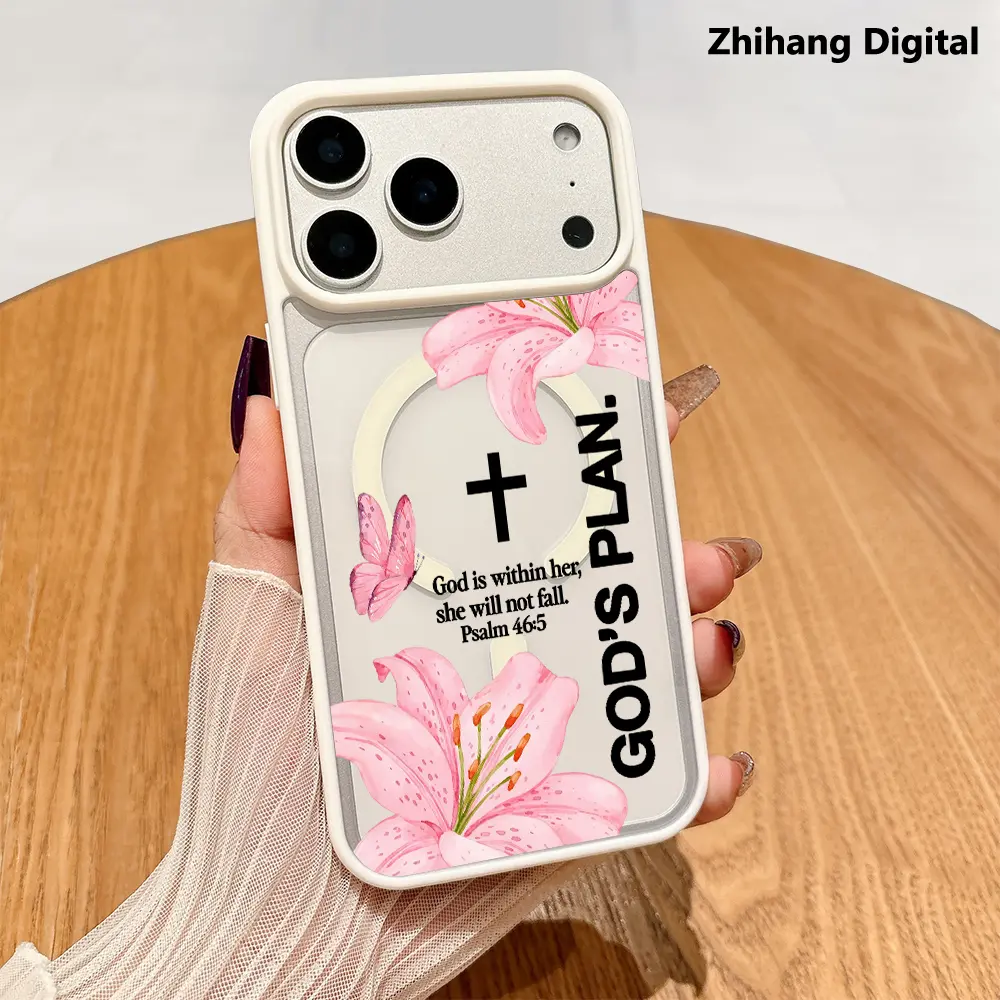 Biblical Cross & Lily Pattern TPU+PC Hybrid Soft Magnetic Phone Case - Matte Finish Shockproof Protection Cover, Drop-Resistant, Wireless Charge-Supporting Accessory for iPhone 17 Pro Max,16 Plus,15,14,13,12,11, Christian Gift