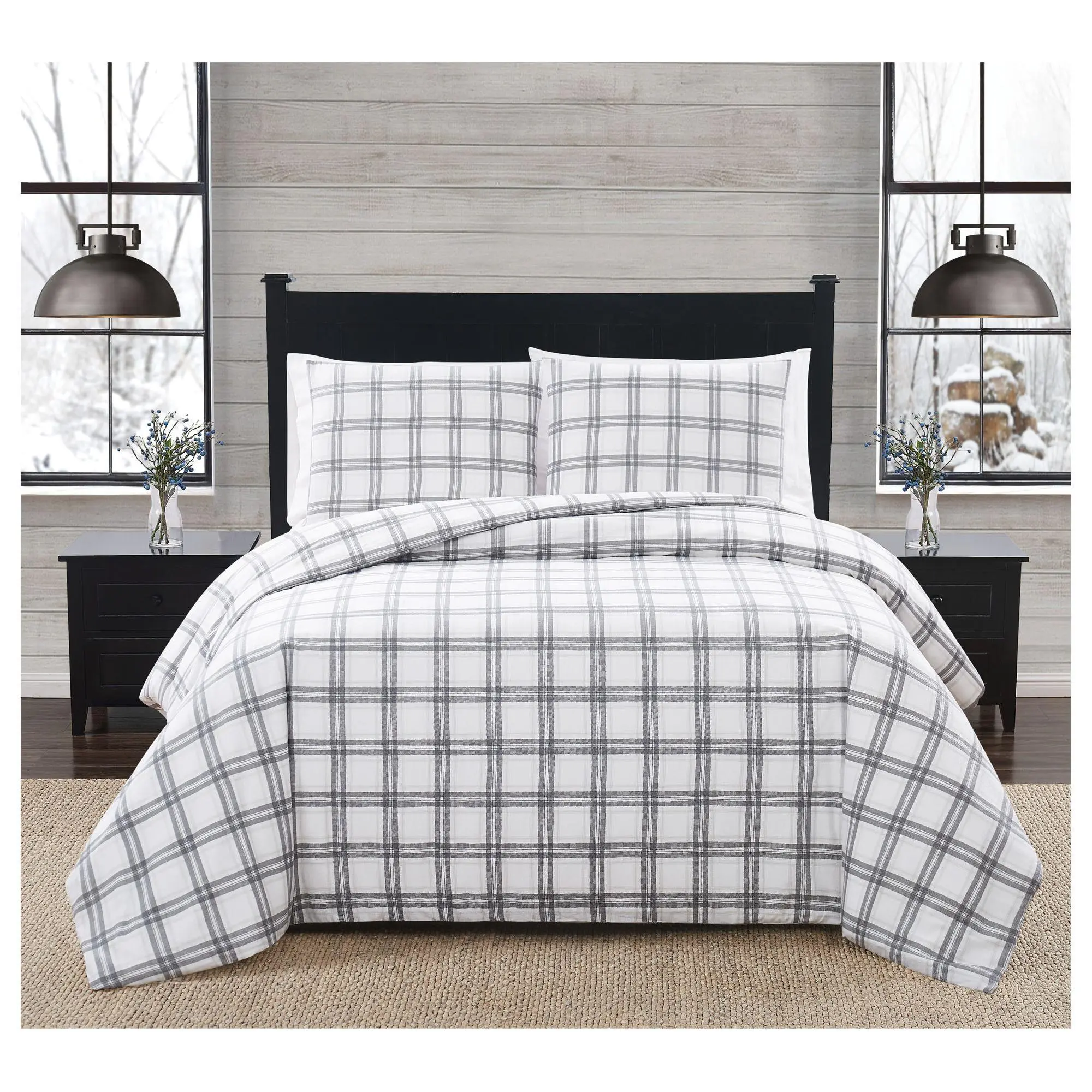 London Fog Grey Plaid Twin XL 2 Piece Flannel Comforter Set