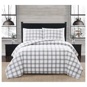 London Fog Grey Plaid Twin XL 2 Piece Flannel Comforter Set