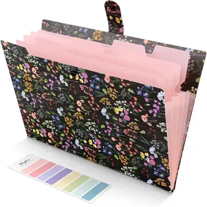 Accordion File Organizer, Floral Expanding File Folders with 5 Pockets, Cute Document Organizer for Paper Bills Receipt Storage, School Office & Hospital Supplies Letter/A4 Size Black