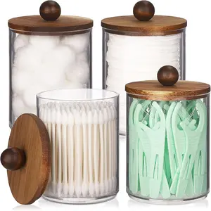2PCS/4PCS Round Spherical Wooden Lid Cotton Swab Box Storage Container Cotton Ball Container Bathroom Jar Storage Jar Transparent Toothpick Box Dental Floss Box Storage Organizer
