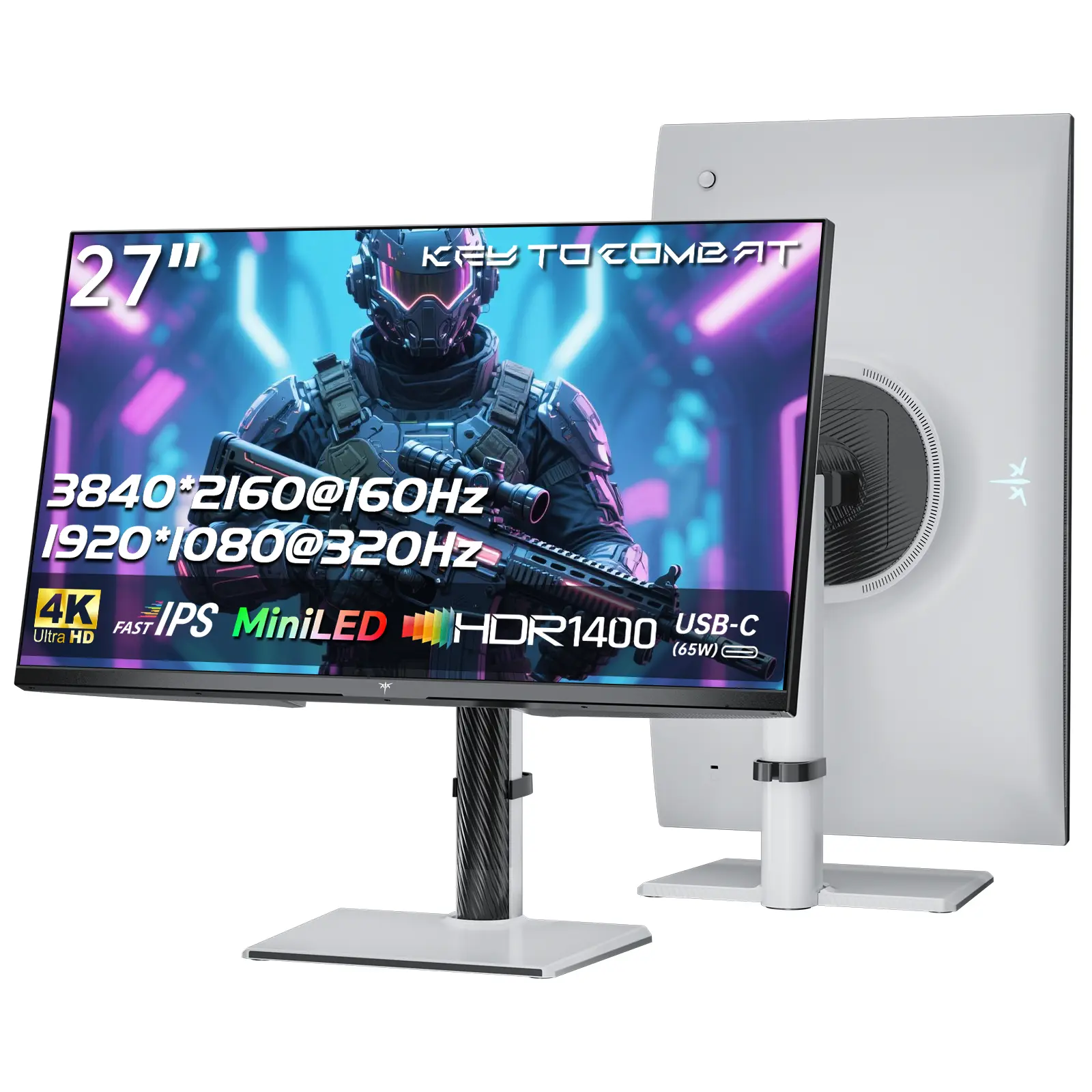 KTC 27'' 4K Mini LED 320Hz Gaming Monitor, UHD 3840x2160 Dual Mode (4K 160Hz/FHD 320Hz), HDR 1400, Fast IPS, Adaptive-Sync, Contrast 1000000:1, Type-C 65W, KVM, VESA, Tilt & Swivel & Height Adjustable, White, LOGO RGB Light, M27P6, Freesync Monitor