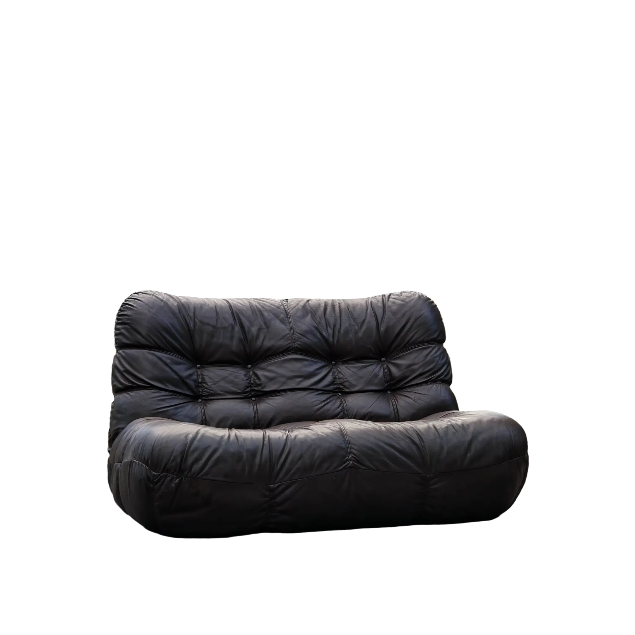 Italian Low Tufted Black Leather Loveseat