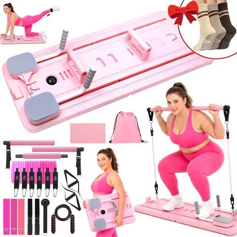 Homimanor Home Pilates Board Set - Multi-Purpose Foldable Pilates Reformer with Pilates Bar and Resistance Bands, Smooth Tracks & Multi-Level Resistance, Portable Pilates Workout Kit Home Gym Equipment for Women Workout