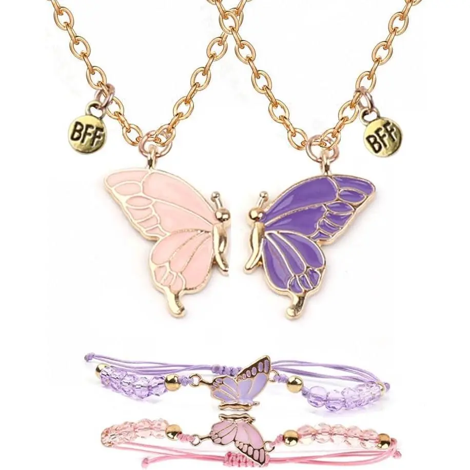 Matching Butterfly Necklace Bracelet Set for 2, Womens Alloy Pendant Friendship Jewelry, Adjustable Best Friend Gifts, Womens Gifts, Synthetic, Complementary Styling, For Two