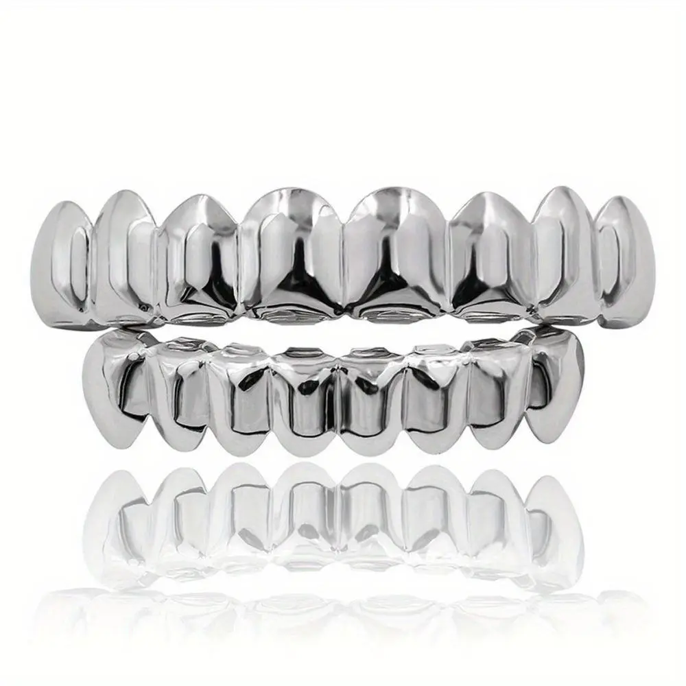 2 pcs/set hip hop 18k golden plated oth caps decor for women men unisex 16 teeth grills set: the perfect punk-style accessory for MEN'S body 8/ 8 glossy teeth grillz
