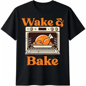 Funny Thanksgiving Graphic T-Shirt, Unisex Wake and Bake Turkey Print Cotton Tee, Casual Short Sleeve Top for Men & Women, Tshirt