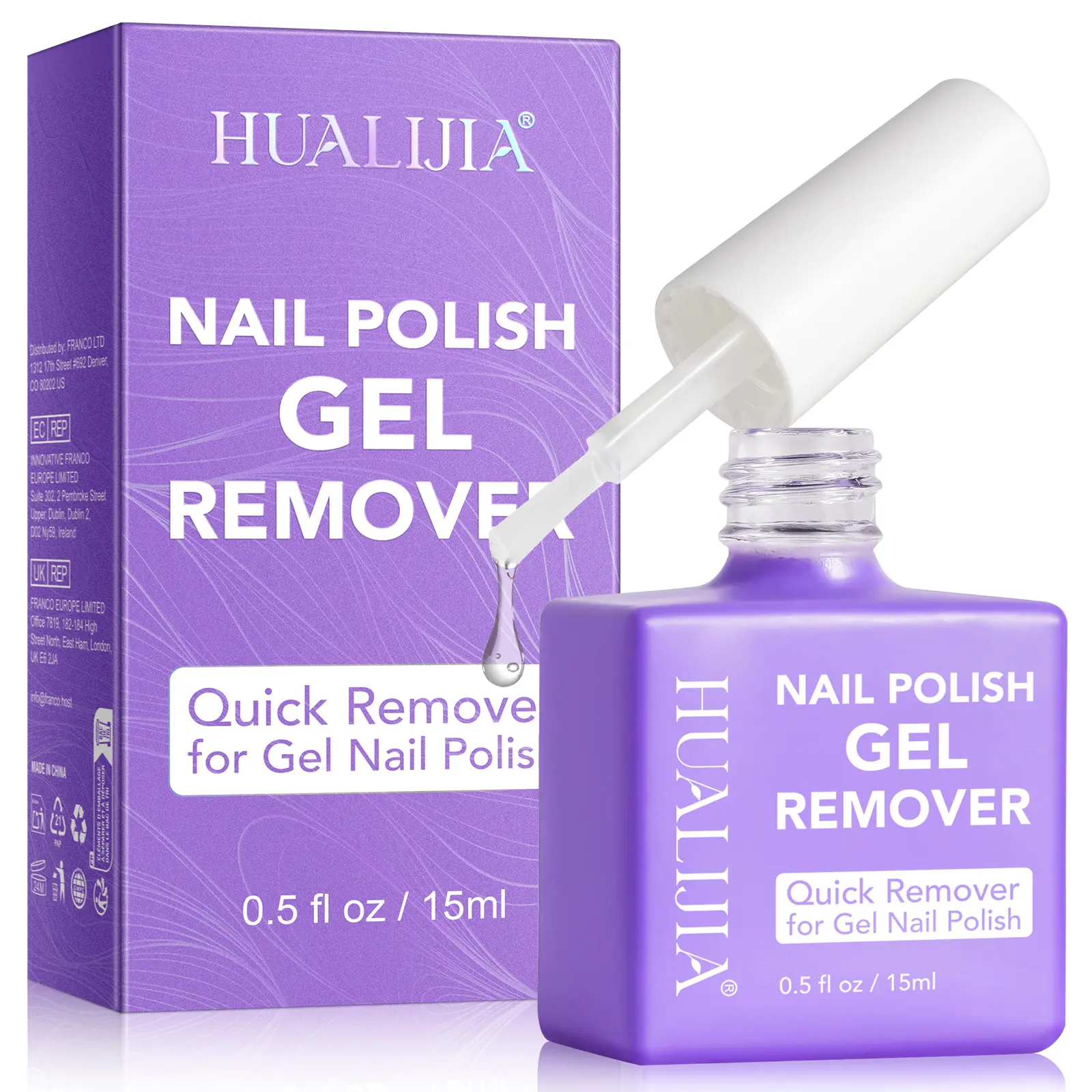 HUALIJIA Nail Polish Gel Remover 15ml: Nail Art Remover, Gentle yet effective nail polish remover, free of irritating chemicals, odorless, professional nail polish remover.